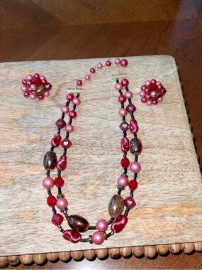 Vintage Pink, Red, Brown Multi-Bead Double Strand Choker with Clip-On Earrings
